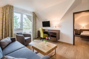 getrennter Wohn- und Schlafbereich, Dusche oder Bad und WC, verstellbares Bett-Kopfteil, Zusatzdecke, Schreibtisch, Ganzkörperspiegel, Haartrockner, Sat-TV, Radio, W-Lan kostenfrei