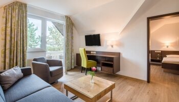 getrennter Wohn- und Schlafbereich, Dusche oder Bad und WC, verstellbares Bett-Kopfteil, Zusatzdecke, Schreibtisch, Ganzkörperspiegel, Haartrockner, Sat-TV, Radio, W-Lan kostenfrei