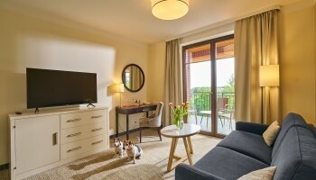 Das Geräumige Luxusapartment ca. 45-59 m² groß ist besonders geeignet für Familien mit Kindern oder anspruchsvolle Gäste. Die beste Aussicht von der überdachten Terrasse des Zimmers 505. Das Hotel verfügt nur über 3 Zimmer in dieser Kategorie. Das außerge