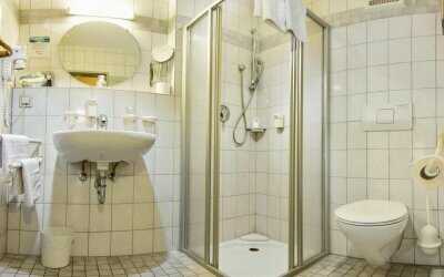 Das Bad unserer Comfort Doppelzimmer ist mit Dusche, WC, Haartrockner und Kosmetikspiegel ausgestattet