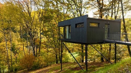Willkommen in den Bergchalets des Jugendstilhotels Trifels – modernen Naturhäusern auf Stelzen am Waldrand von Annweiler am Trifels.