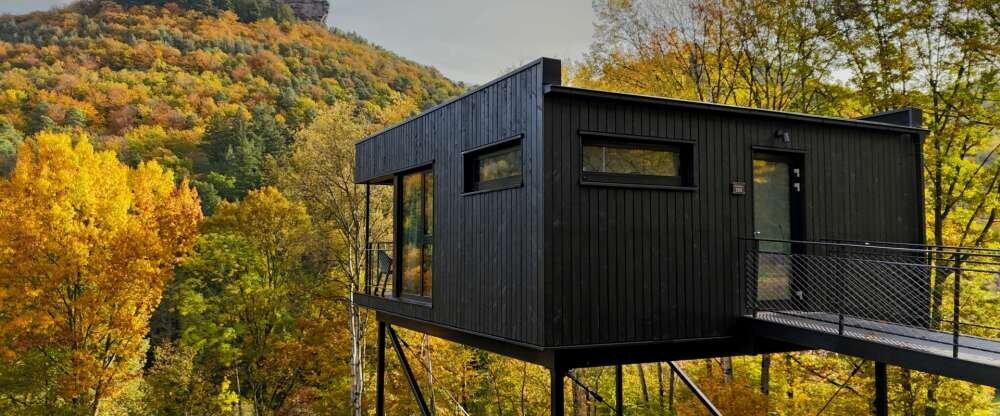 Willkommen in den Bergchalets des Jugendstilhotels Trifels – modernen Naturhäusern auf Stelzen am Waldrand von Annweiler am Trifels. Die Chalets liegen ruhig oberhalb des Hotels und verbinden klare Architektur mit gemütlicher Atmosphäre und viel Natur dir