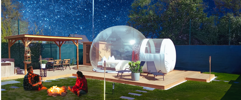 Übernachten Sie in einem transparenten Bubble TENT mit freiem Blick in den Sternenhimmel. In dem privaten und sichtgeschützten Wellness-Garten stehen Ihnen auf über 200qm ein Hot Tub, eine Sauna, eine Sonnenterrasse und eine praktische Outdoor-Küche zur V