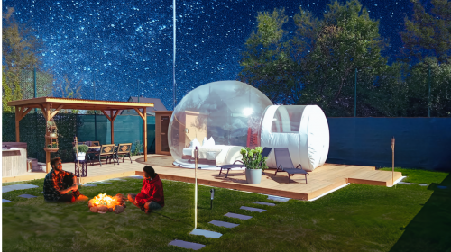 Übernachten Sie in einem transparenten Bubble TENT mit freiem Blick in den Sternenhimmel. In dem privaten und sichtgeschützten Wellness-Garten stehen Ihnen auf über 200qm ein Hot Tub, eine Sauna, eine Sonnenterrasse und eine praktische Outdoor-Küche zur V