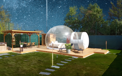 Übernachten Sie in einem transparenten Bubble TENT mit freiem Blick in den Sternenhimmel. In dem privaten und sichtgeschützten Wellness-Garten stehen Ihnen auf über 200qm ein Hot Tub, eine Sauna, eine Sonnenterrasse und eine praktische Outdoor-Küche zur V