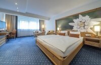 Geräumiges Zimmer auf der 3. Etage, ruhig zur Waldseite gelegen mit großem Doppelbett (180 x 210 cm), gemütlicher Sitzgelegenheit (Couch), Radio, Kabel-TV, Telefon, kostenloses WLAN, Teestation mit Wasserkocher, Minibar (Erstbefüllung kostenfrei) und Zimm