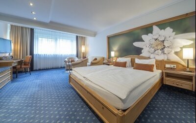 Geräumiges Zimmer auf der 3. Etage, ruhig zur Waldseite gelegen mit großem Doppelbett (180 x 210 cm), gemütlicher Sitzgelegenheit (Couch), Radio, Kabel-TV, Telefon, kostenloses WLAN, Teestation mit Wasserkocher, Minibar (Erstbefüllung kostenfrei) und Zimm