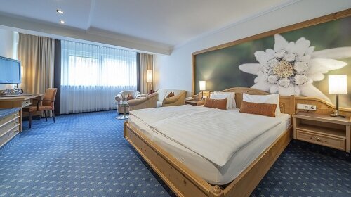 Geräumiges Zimmer auf der 3. Etage, ruhig zur Waldseite gelegen mit großem Doppelbett (180 x 210 cm), gemütlicher Sitzgelegenheit (Couch), Radio, Kabel-TV, Telefon, kostenloses WLAN, Teestation mit Wasserkocher, Minibar (Erstbefüllung kostenfrei) und Zimm