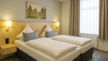 Unsere Doppelzimmer Deluxe bieten auf ca. 25 bis 30 m² ein hochwertig gestaltetes Wohn- und Schlaferlebnis für Gäste mit gehobenem Anspruch. Der lichtdurchflutete Raum vereint Wohnlichkeit mit Komfort und ist mit einem bequemen Boxspring-Doppelbett (1,80