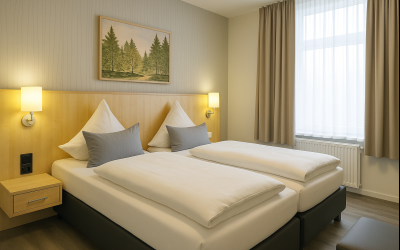 Unsere Doppelzimmer Deluxe bieten auf ca. 25 bis 30 m² ein hochwertig gestaltetes Wohn- und Schlaferlebnis für Gäste mit gehobenem Anspruch. Der lichtdurchflutete Raum vereint Wohnlichkeit mit Komfort und ist mit einem bequemen Boxspring-Doppelbett (1,80 