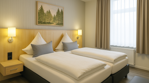 Unsere Doppelzimmer Deluxe bieten auf ca. 25 bis 30 m² ein hochwertig gestaltetes Wohn- und Schlaferlebnis für Gäste mit gehobenem Anspruch. Der lichtdurchflutete Raum vereint Wohnlichkeit mit Komfort und ist mit einem bequemen Boxspring-Doppelbett (1,80 