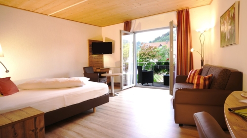 Großzügig geschnittene Doppelzimmer in ruhiger Lage mit Blick auf den Wald, Vinylboden, Sofa, Badewanne oder Dusche/ WC, TV, Fön, Kosmetikspiegel, Schreibtisch, Safe und Balkon oder Terrasse (über den Lift oder ebenerdig zu erreichen).