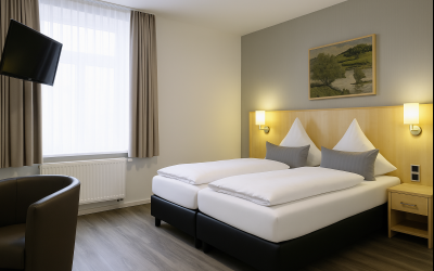 Mit einer Größe von ca. 23 bis 28 m² bieten unsere Komfortzimmer viel Platz zum Entspannen und Wohlfühlen. Der behagliche Schlafbereich ist mit einem komfortablen Boxspring-Doppelbett (1,80 m breit) und antiallergischen Bettwaren ausgestattet – ideal für 