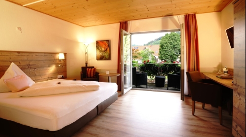 Geräumige Doppelzimmer in ruhiger Lage mit Blick zum Park/ Wald, Venylboden, Dusche / WC, TV, Fön, Kosmetikspiegel, Schreibtisch, Safe und Balkon (über den Lift zu erreichen, teilweise behindertengerecht eingerichtet).