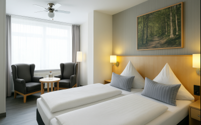 Entspannen Sie in Ihrem 20m² gemütlichen Schlafbereich mit Boxspring-Doppelbett und antiallergischen Bettwaren (1,80 m breit), Schreibtisch mit Hocker, kleiner Sitzecke mit 2 Sesseln und Tisch, Flat-TV, Badezimmer mit Dusche / WC auf 2,5 m², sowie Vinylbo