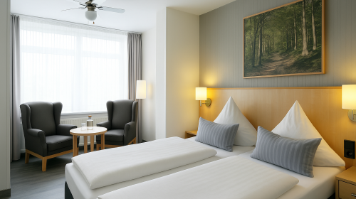 Entspannen Sie in Ihrem 20m² gemütlichen Schlafbereich mit Boxspring-Doppelbett und antiallergischen Bettwaren (1,80 m breit), Schreibtisch mit Hocker, kleiner Sitzecke mit 2 Sesseln und Tisch, Flat-TV, Badezimmer mit Dusche / WC auf 2,5 m², sowie Vinylbo