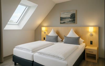 Unsere ca. 18 m² großen Kompaktzimmer sind ideal für kurze Aufenthalte und bieten auf kleinem Raum durchdachten Komfort. Einige Zimmer dieser Kategorie befinden sich im Dachgeschoss und verfügen über Dachschrägen oder Dachfenster, andere liegen auf regulä