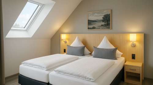 Unsere ca. 18 m² großen Kompaktzimmer sind ideal für kurze Aufenthalte und bieten auf kleinem Raum durchdachten Komfort. Einige Zimmer dieser Kategorie befinden sich im Dachgeschoss und verfügen über Dachschrägen oder Dachfenster, andere liegen auf regulä