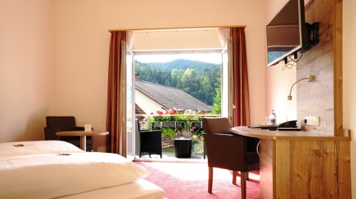 Schöne Doppelzimmer mit Blick zum Innenhof, Teppichboden, Dusche / WC, TV, Fön, Kosmetikspiegel, Schreibtisch, Safe und Balkon (über den Lift zu erreichen).