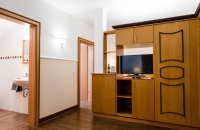 Doppelzimmer 41 m² mit Wohnteil, Ausziehcouch und Balkon. Davon sind zwei Zimmer behindertengerecht eingerichtet. Komfortable Ausstattung mit: Dusche/WC, Balkon, Schreibtisch, drehbarer Flachbildschirm-TV (vom Schlafbereich und von der Wohnecke au