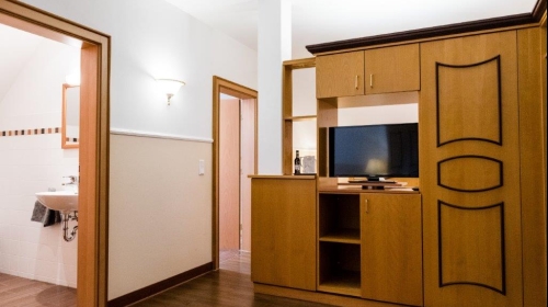 Doppelzimmer 41 m² mit Wohnteil, Ausziehcouch und Balkon.
Davon sind zwei Zimmer behindertengerecht eingerichtet.

Komfortable Ausstattung mit:
Dusche/WC,
Balkon,
Schreibtisch,
drehbarer Flachbildschirm-TV (vom Schlafbereich und von der Wohnecke au