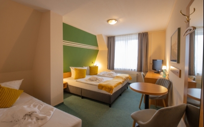 Gemütliches Dreibettzimmer auf ca. 20 m², ideal für Paare mit Kind oder kleine Gruppen. Das Zimmer verfügt über ein komfortables Doppelbett (1,80 x 2,00 m) sowie ein separates Einzelbett (0,90 x 2,00 m). Das eigene Badezimmer bietet wahlweise eine Dusche