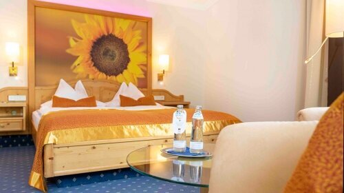 Geräumiges Zimmer auf der 1. Etage, ruhig zur Waldseite gelegen mit großem Doppelbett (180 x 210 cm), gemütlicher Sitzgelegenheit (Couch), Radio, Kabel-TV, Telefon, kostenloses WLAN, Teestation mit Wasserkocher, Minibar (Erstbefüllung kostenfrei) und Zimm