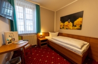 Das freundlich und funktional eingerichtete Einzelzimmer mit ca. 15m² bietet eine angenehme Wohlfühlatmosphäre für Alleinreisende. Das Einzelbett (90 × 200 cm) ist in eine warme Holzverkleidung eingebettet und mit einer Leselampe sowie Steckdosen direkt a