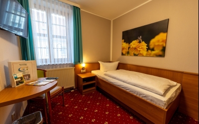 Das freundlich und funktional eingerichtete Einzelzimmer mit ca. 15m² bietet eine angenehme Wohlfühlatmosphäre für Alleinreisende. Das Einzelbett (90 × 200 cm) ist in eine warme Holzverkleidung eingebettet und mit einer Leselampe sowie Steckdosen direkt a