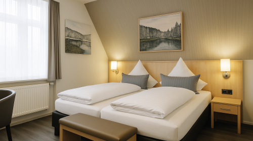 Die ca. 35 m² große Honeymoonsuite in der 3. Etage ist der perfekte Ort für besondere Momente zu zweit. Mit Blick in Richtung Norden bietet sie eine ruhige und private Atmosphäre für ungestörte Auszeiten.

Der behagliche Schlafbereich ist mit einem komf
