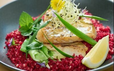 Gebratenes Zanderfilet mit Rote Beete Couscous und Lauch-Sahne-Gemüse