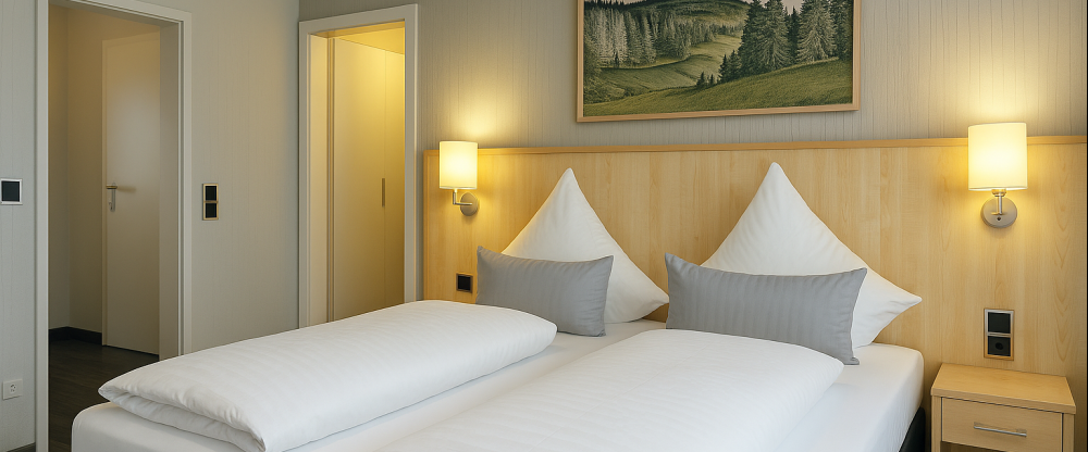 Unsere ca. 35 m² große Hotelsuite bietet viel Raum für besondere Aufenthalte – ideal für Gäste, die großzügiges Wohnen mit stilvoller Ausstattung verbinden möchten. Der elegante Wohn- und Schlafbereich ist mit einem komfortablen Boxspring-Doppelbett (1,80