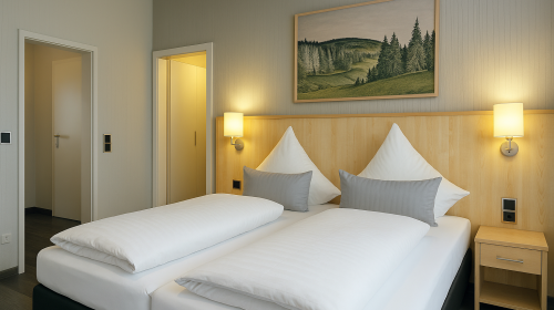 Unsere ca. 35 m² große Hotelsuite bietet viel Raum für besondere Aufenthalte – ideal für Gäste, die großzügiges Wohnen mit stilvoller Ausstattung verbinden möchten. Der elegante Wohn- und Schlafbereich ist mit einem komfortablen Boxspring-Doppelbett (1,80