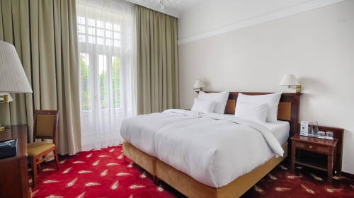 Zimmer zwischen 12 - 20 m2 mit Blick auf den Hotelgarten oder die Kurinsel. Entspannung mit maximalem Komfort dank Boxspringbetten in den Größen Twin, King oder Queen Size und Matratzen aus der exklusiven Luxury Class Kollektion.