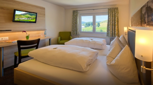 In den Panoramazimmern erwartet Sie ein atemberaubender Ausblick über den Garten zum "Blössling",