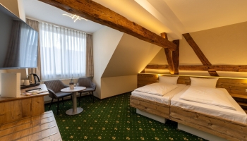 Unsere Premiumzimmer verbinden modernen Komfort mit charmantem Landhausflair. Auf ca. 22m² bis 25m² erwartet Sie ein liebevoll gestalteter Rückzugsort für bis zu 2 Personen, geprägt von sichtbaren Holzbalken, warmen Naturtönen und einer behaglichen Aussta