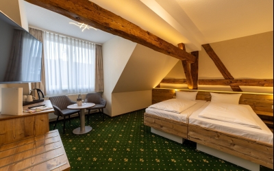 Unsere Premiumzimmer verbinden modernen Komfort mit charmantem Landhausflair. Auf ca. 22m² bis 25m² erwartet Sie ein liebevoll gestalteter Rückzugsort für bis zu 2 Personen, geprägt von sichtbaren Holzbalken, warmen Naturtönen und einer behaglichen Aussta