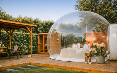 Bubble Tent im Grünen - Übernachten Sie in einem transparenten Bubble TENT mit freiem Blick in den Sternenhimmel. In dem sichtgeschützten Wellness-Garten stehen Ihnen auf über 200qm ein Hot Tub, eine Sauna, eine Sonnenterrasse und eine praktische Outdoor-