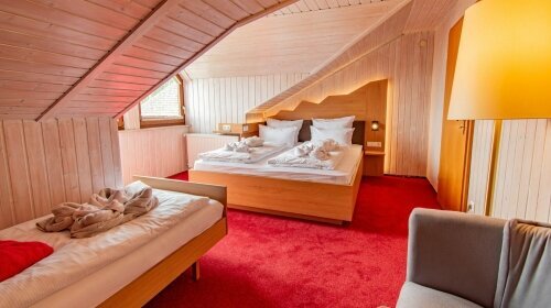 Standard-Apartment | Ca. 35 m² | 1 – 5 Personen | Schlafzimmer mit Kingsize-Doppelbett (2 Matratzen 90 x 200 cm) und Einzelbett (Matratze 80 x 190 cm) | Wohnzimmer mit Schlafsofa für 2 Personen (180 x 200 cm) | Küchenzeile mit Esstisch | Aufzug | 3. Stock