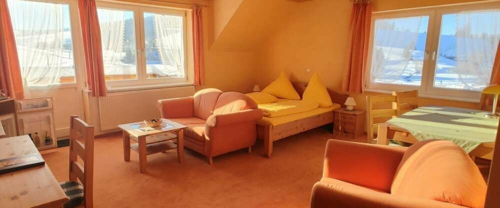  40 qm zzgl. Nasszelle , Doppelbett & Einzelbett , getrennter Wohn-, und Schlafbereich , für 2 bis 3 Personen Unsere Suiten haben einen getrennten Wohn- und Schlafbereich und verfügen über Bad o. DU/WC, Balkon, Telefon, WLAN, SAT-TV, Minibar, Haartroc