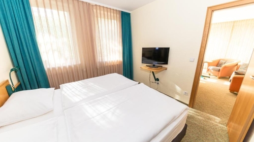     WC
    Doppelwaschbecken
    Badewanne mit integrierter Dusche
    Schreibtisch
    Direktwahl-Telefon
    Sat-TV
    Modemanschluss
    W-Lan Access-Point
    Radio
    Haarfön
Die Suite bietet bis zu sechs Personen ausreichend Platz bei Ih