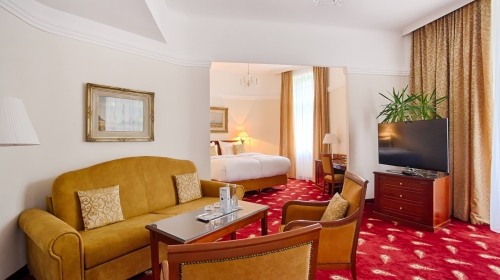 Eine geräumige und elegante Suite mit 63 m2, in der sich maximaler Komfort mit einem Hauch von Noblesse verbindet. Diese Ein-Zimmer-Deluxe-Suite kombiniert Wohn- und Schlafbereich geschickt im Open-Space-Stil, wodurch die Suite luftig und modern wirkt. Fü