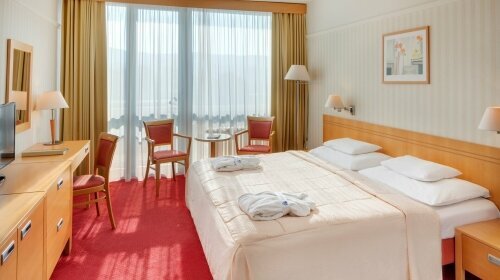 Superiorzimmer zur Einzelnutzung. mit stilvoller, funktionaler Einrichtung sowie:
Einzelbett, Garderobe, Kleiderschrank, großem Spiegel, Schreibtisch, zwei Stühlen und Beistelltisch, LED-TV (Kabel-Sender für TV und Radio), Telefon, Kühlschrank mit Miniba