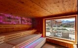 geräumige Zirben-Salz-Panorama-Sauna mit Blick zum Natur-Pool