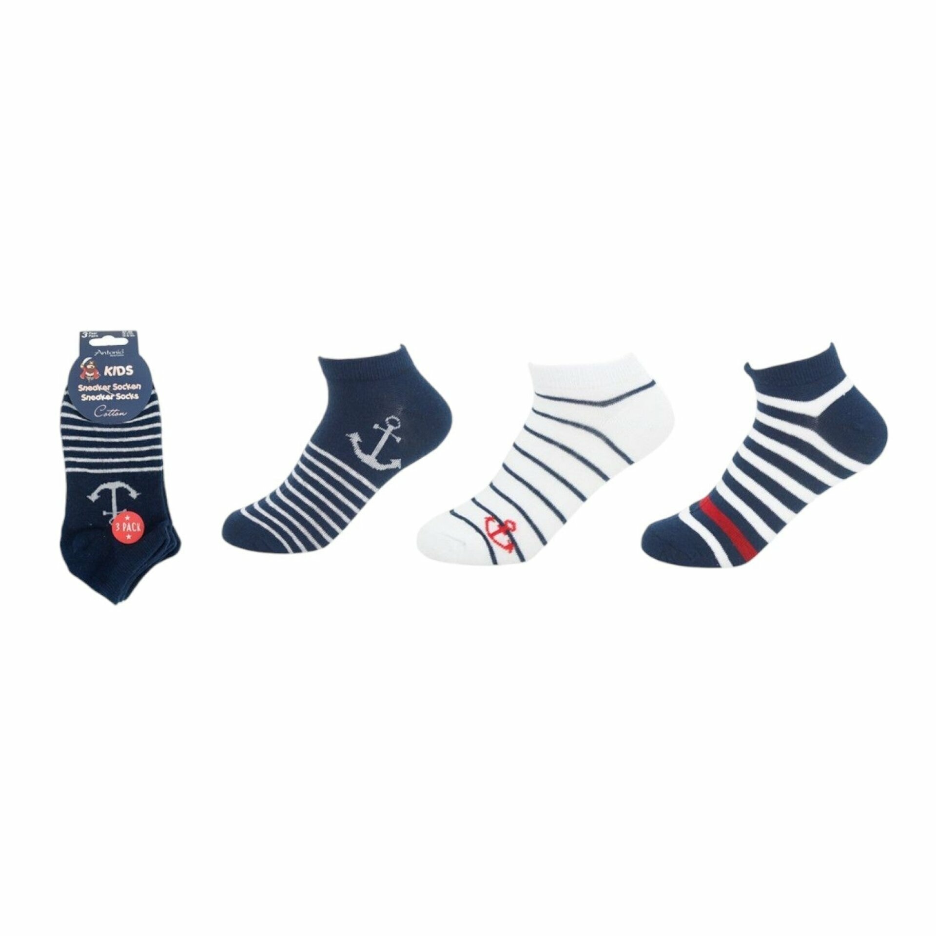 Kinder Sneaker 3er Pack » Socken Maritim Style » 3 Paar Kindersocken » Wollsocken - Anker + Streifen / 27-30