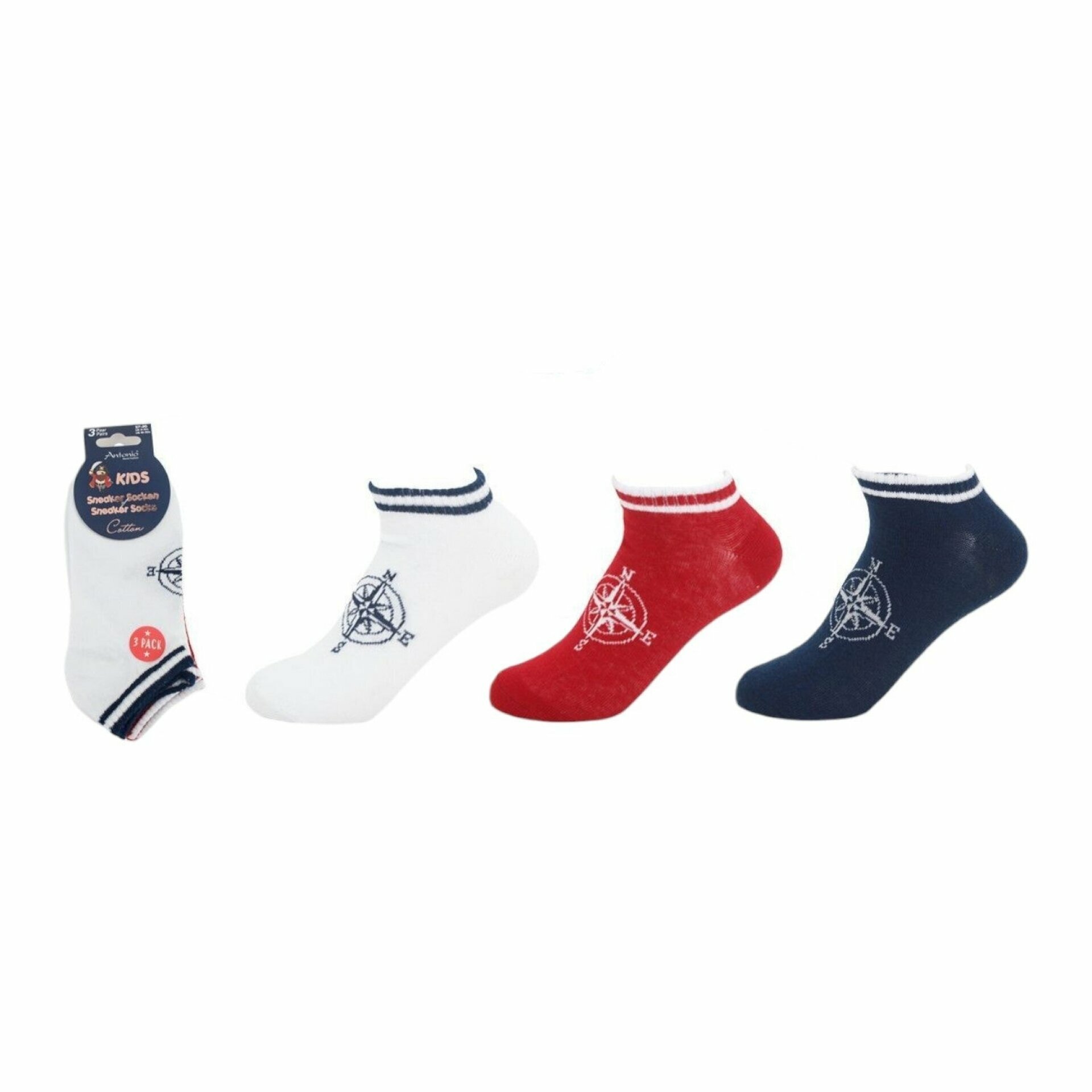 Kinder Sneaker 3er Pack » Socken Maritim Style » 3 Paar Kindersocken » Wollsocken - Kompass / 27-30