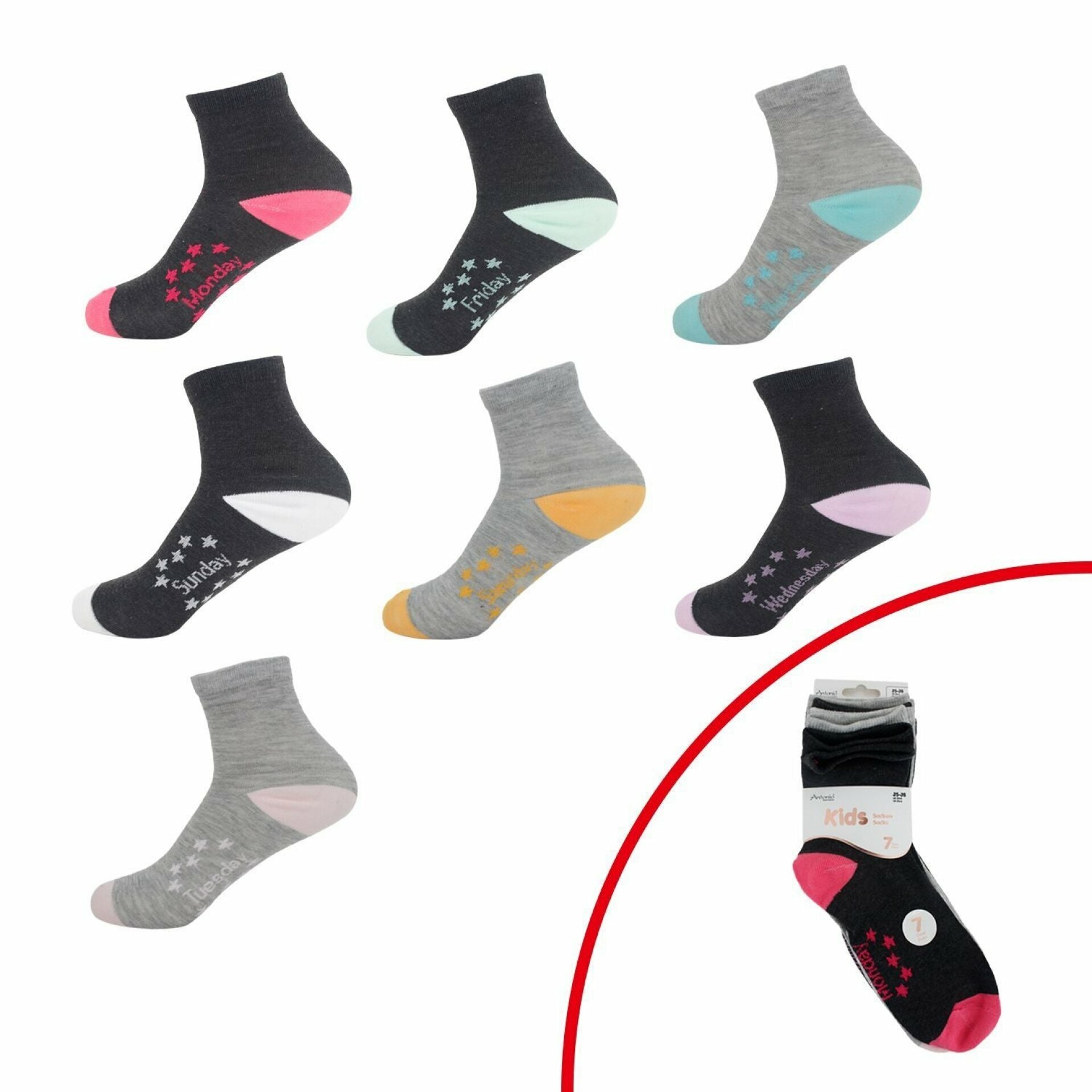 Kinder Socken Set » 7 Paar Strümpfe für jeden Tag » Kinderstrümpfe Wochentag » Bunte Kindersocken - 35-38