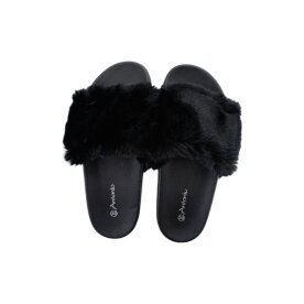 Damen Hausschuhe mit Fell » Damenschuhe mit Kunstfell » Badeschuhe » Sommer Badelatschen » Schlappen & Garten Schuhe » Pantoffeln mit Kunstpelz - Schw