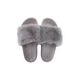 Damen Hausschuhe mit Fell » Damenschuhe mit Kunstfell » Badeschuhe » Sommer Badelatschen » Schlappen & Garten Schuhe » Pantoffeln mit Kunstpelz - Grau