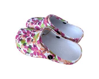 Damen Clogs Blumen » günstige Damenschuhe » Badeschlappen mit Blumenmuster » Sommer Garten Schuhe & Garten Schuhe » Badelatschen mit Riemen und Cut-Ou